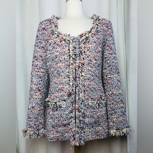 Boston Proper Tweed Jacket Blazer 14 Fringe Trim Multicolor Open Front Career